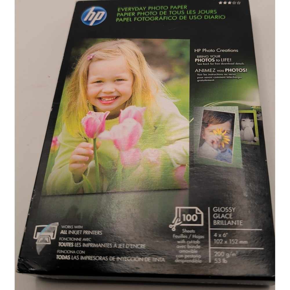 HP Photo Paper 4x6 White Everyday Glossy Q5440A 100 Sheets Inkjet 53lb 200gsm